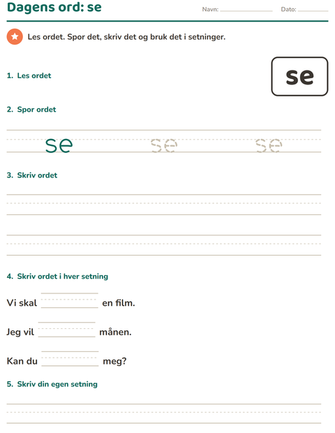 Forhåndsvisning av Høyfrekvente ord-arbeidsark for Barnehage (5-7 år)