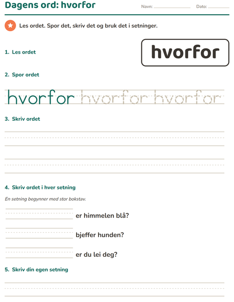 Forhåndsvisning av Høyfrekvente ord-arbeidsark for Barnehage (5-7 år)