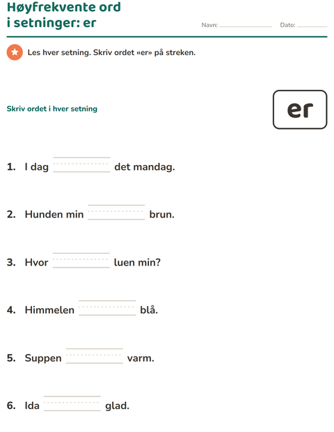 Forhåndsvisning av Høyfrekvente ord-arbeidsark for Barnehage (5-7 år)