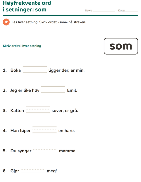Forhåndsvisning av Høyfrekvente ord-arbeidsark for Barnehage (5-7 år)
