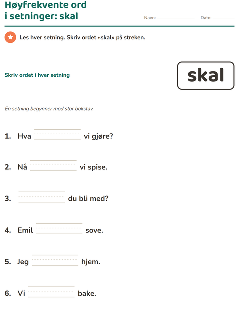 Forhåndsvisning av Høyfrekvente ord-arbeidsark for Barnehage (5-7 år)