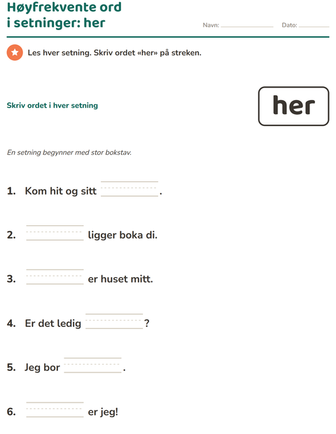 Forhåndsvisning av Høyfrekvente ord-arbeidsark for Barnehage (5-7 år)
