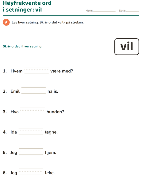 Forhåndsvisning av Høyfrekvente ord-arbeidsark for Barnehage (5-7 år)