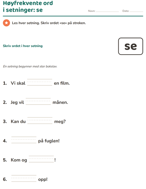 Forhåndsvisning av Høyfrekvente ord-arbeidsark for Barnehage (5-7 år)