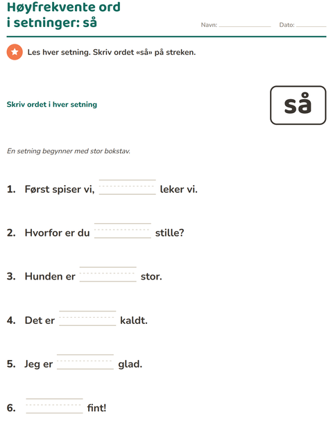 Forhåndsvisning av Høyfrekvente ord-arbeidsark for Barnehage (5-7 år)