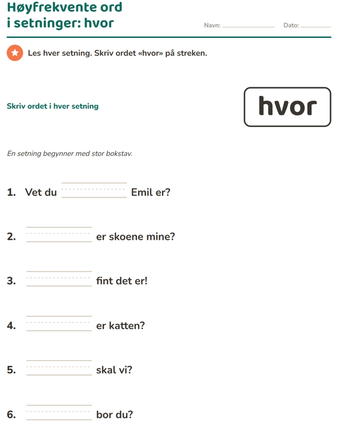 Forhåndsvisning av Høyfrekvente ord-arbeidsark for Barnehage (5-7 år)