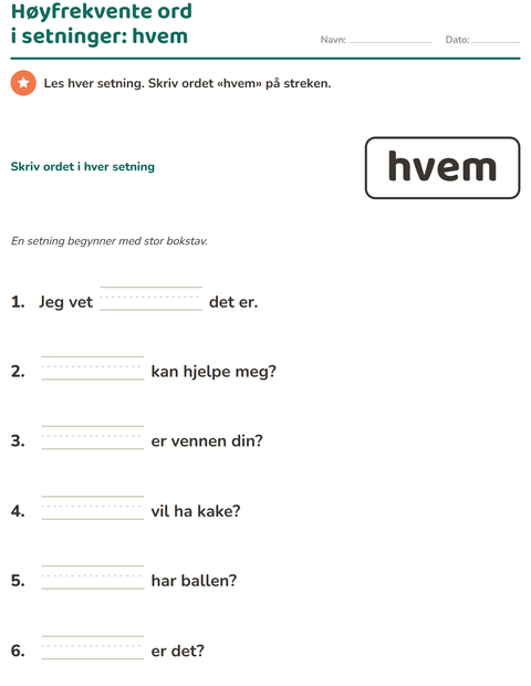 Forhåndsvisning av Høyfrekvente ord-arbeidsark for Barnehage (5-7 år)