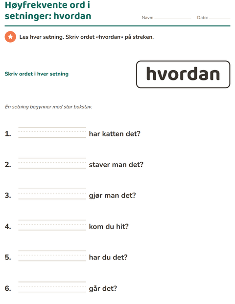 Forhåndsvisning av Høyfrekvente ord-arbeidsark for Barnehage (5-7 år)