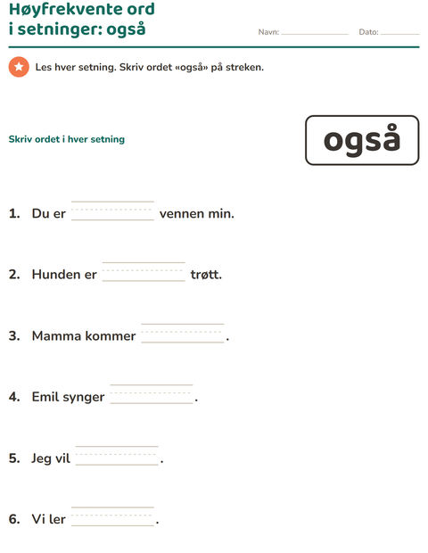 Forhåndsvisning av Høyfrekvente ord-arbeidsark for Barnehage (5-7 år)