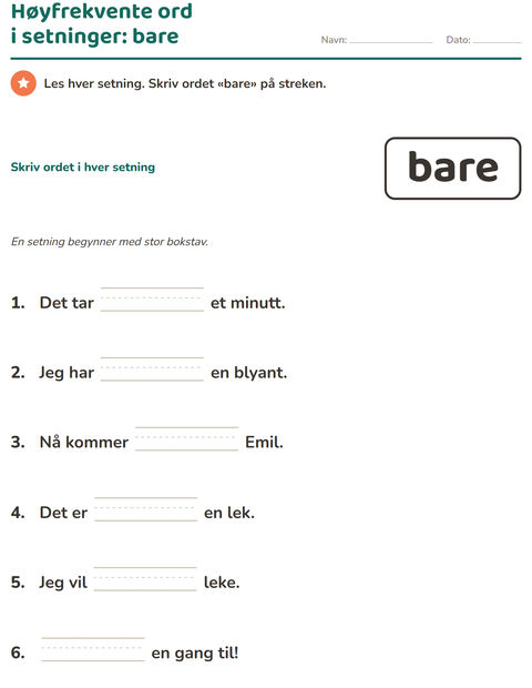 Forhåndsvisning av Høyfrekvente ord-arbeidsark for Barnehage (5-7 år)