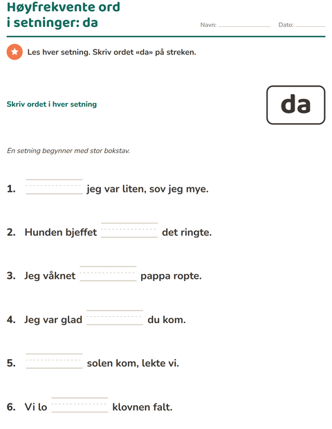 Forhåndsvisning av Høyfrekvente ord-arbeidsark for Barnehage (5-7 år)