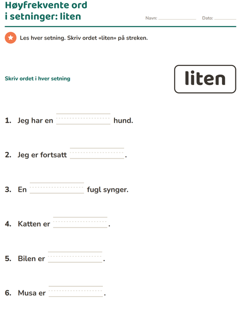 Forhåndsvisning av Høyfrekvente ord-arbeidsark for Barnehage (5-7 år)