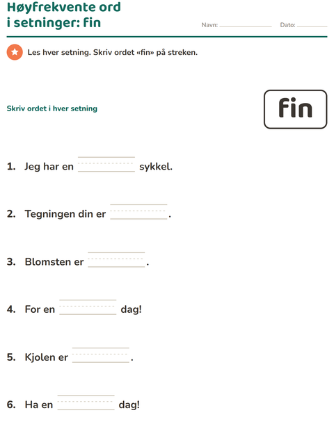 Forhåndsvisning av Høyfrekvente ord-arbeidsark for Barnehage (5-7 år)