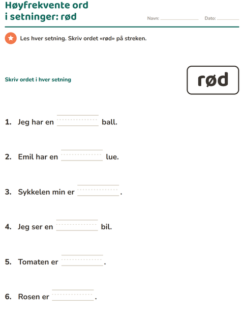 Forhåndsvisning av Høyfrekvente ord-arbeidsark for Barnehage (5-7 år)