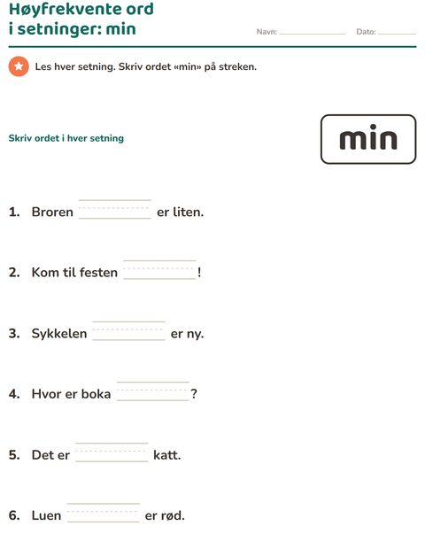 Forhåndsvisning av Høyfrekvente ord-arbeidsark for Barnehage (5-7 år)
