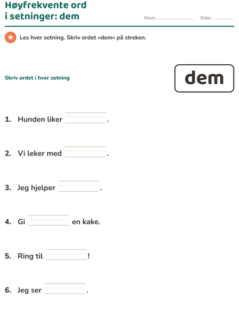Forhåndsvisning av Høyfrekvente ord-arbeidsark for Barnehage (5-7 år)