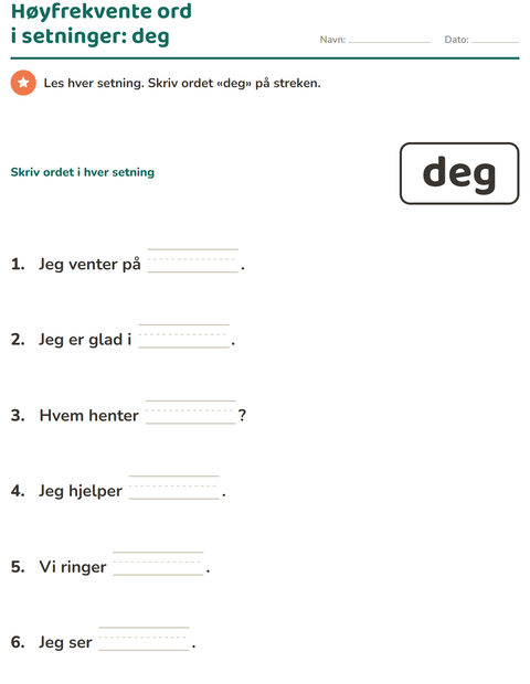 Forhåndsvisning av Høyfrekvente ord-arbeidsark for Barnehage (5-7 år)