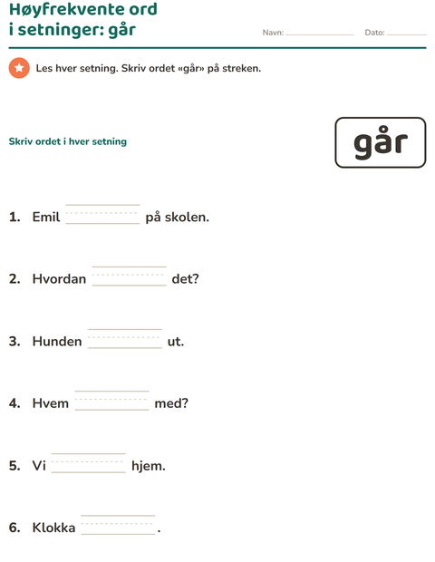 Forhåndsvisning av Høyfrekvente ord-arbeidsark for Barnehage (5-7 år)