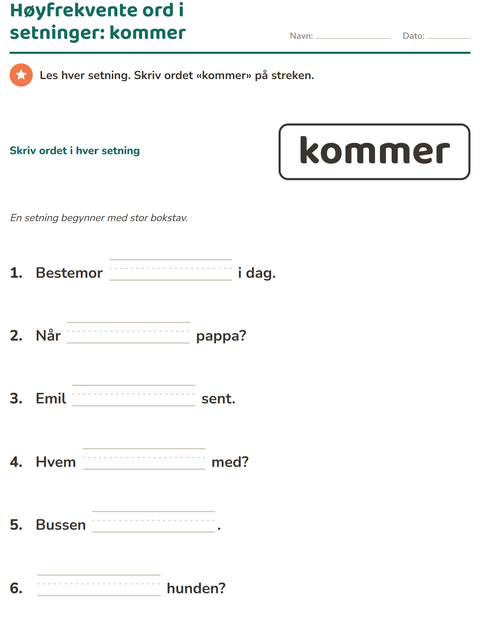 Forhåndsvisning av Høyfrekvente ord-arbeidsark for Barnehage (5-7 år)
