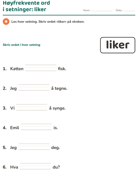 Forhåndsvisning av Høyfrekvente ord-arbeidsark for Barnehage (5-7 år)