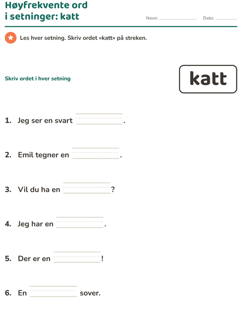 Forhåndsvisning av Høyfrekvente ord-arbeidsark for Barnehage (5-7 år)