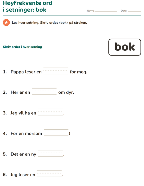 Forhåndsvisning av Høyfrekvente ord-arbeidsark for Barnehage (5-7 år)