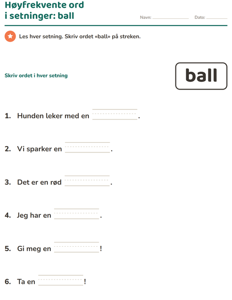Forhåndsvisning av Høyfrekvente ord-arbeidsark for Barnehage (5-7 år)