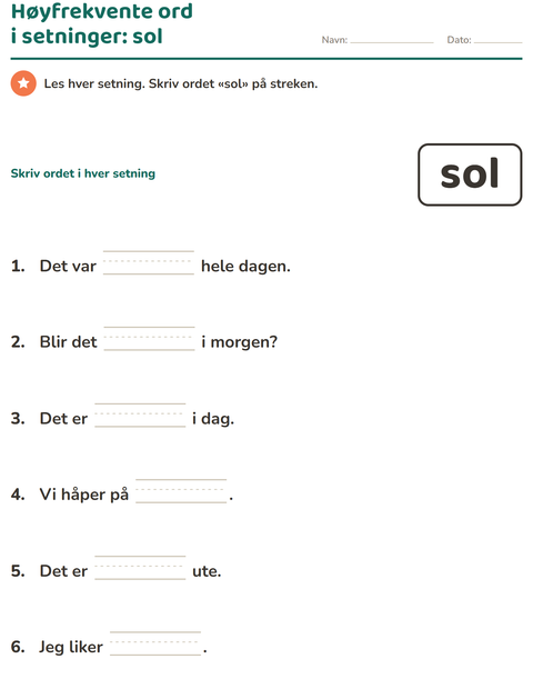 Forhåndsvisning av Høyfrekvente ord-arbeidsark for Barnehage (5-7 år)