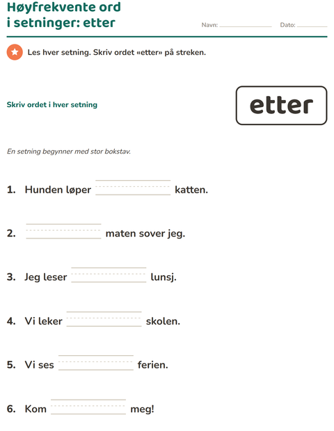 Forhåndsvisning av Høyfrekvente ord-arbeidsark for Barnehage (5-7 år)