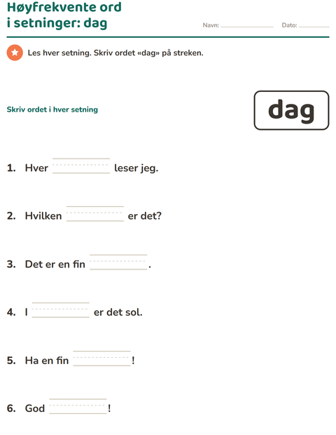 Forhåndsvisning av Høyfrekvente ord-arbeidsark for Barnehage (5-7 år)