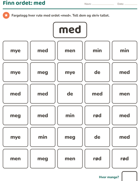 Forhåndsvisning av Høyfrekvente ord-arbeidsark for Barnehage (5-7 år)