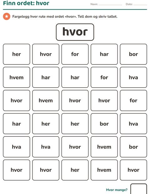 Forhåndsvisning av Høyfrekvente ord-arbeidsark for Barnehage (5-7 år)