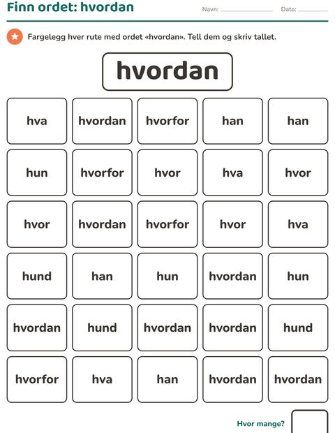 Forhåndsvisning av Høyfrekvente ord-arbeidsark for Barnehage (5-7 år)