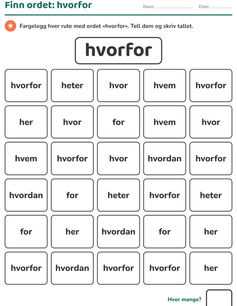 Forhåndsvisning av Høyfrekvente ord-arbeidsark for Barnehage (5-7 år)