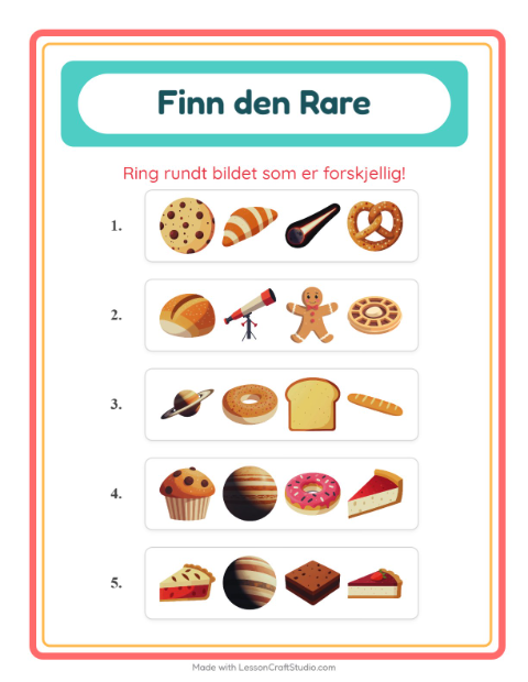 Forhåndsvisning av Hvilken Passer Ikke-arbeidsark med Bakeri for Barnehage (5-7 år)