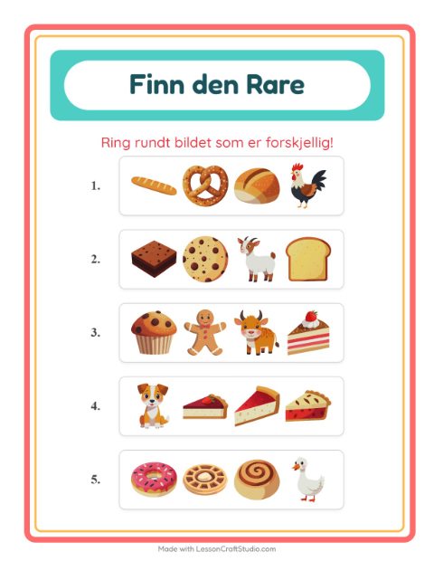 Forhåndsvisning av Hvilken Passer Ikke-arbeidsark med Bakeri for Barnehage (5-7 år)