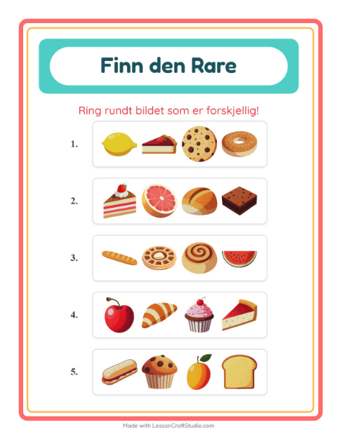 Forhåndsvisning av Hvilken Passer Ikke-arbeidsark med Bakeri for Barnehage (5-7 år)