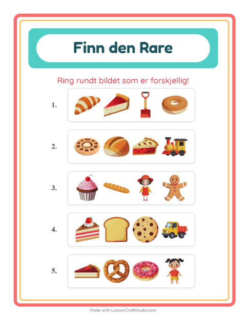 Forhåndsvisning av Hvilken Passer Ikke-arbeidsark med Bakeri for Barnehage (5-7 år)