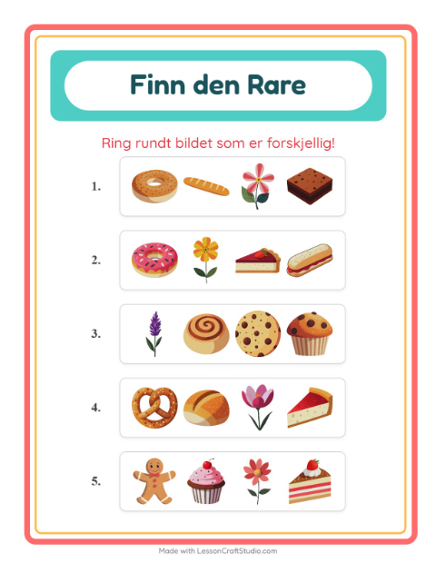 Forhåndsvisning av Hvilken Passer Ikke-arbeidsark med Bakeri for Barnehage (5-7 år)