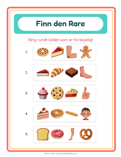 Forhåndsvisning av Hvilken Passer Ikke-arbeidsark med Bakeri for Barnehage (5-7 år)