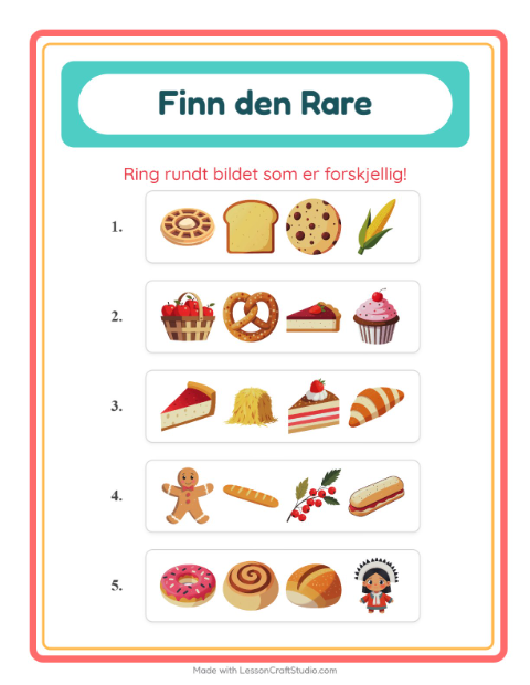 Forhåndsvisning av Hvilken Passer Ikke-arbeidsark med Bakeri for Barnehage (5-7 år)
