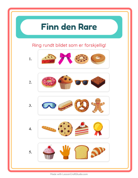 Forhåndsvisning av Hvilken Passer Ikke-arbeidsark med Bakeri for Barnehage (5-7 år)