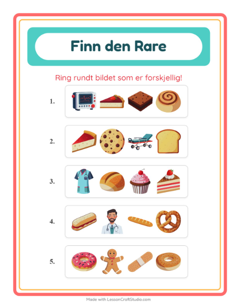 Forhåndsvisning av Hvilken Passer Ikke-arbeidsark med Bakeri for Barnehage (5-7 år)