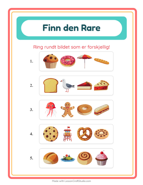 Forhåndsvisning av Hvilken Passer Ikke-arbeidsark med Bakeri for Barnehage (5-7 år)