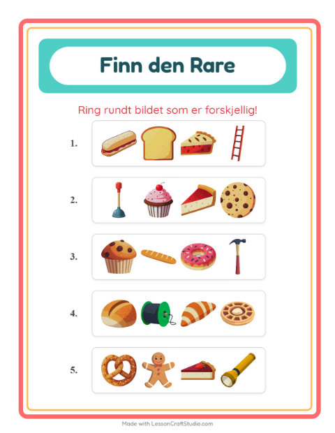 Forhåndsvisning av Hvilken Passer Ikke-arbeidsark med Bakeri for Barnehage (5-7 år)
