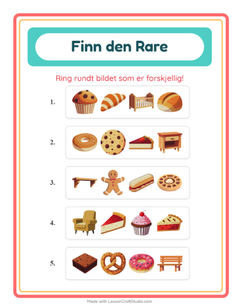 Forhåndsvisning av Hvilken Passer Ikke-arbeidsark med Bakeri for Barnehage (5-7 år)