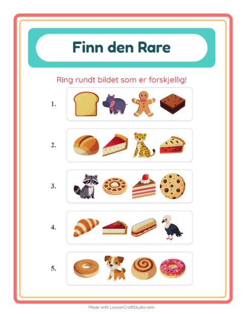 Forhåndsvisning av Hvilken Passer Ikke-arbeidsark med Bakeri for Barnehage (5-7 år)