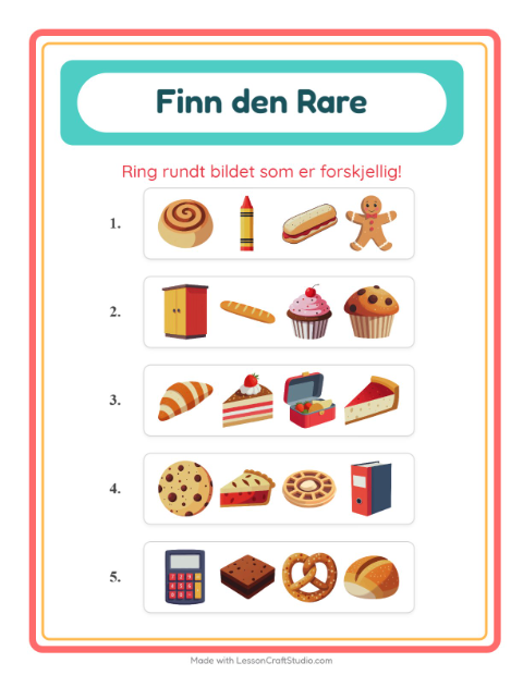 Forhåndsvisning av Hvilken Passer Ikke-arbeidsark med Bakeri for Barnehage (5-7 år)