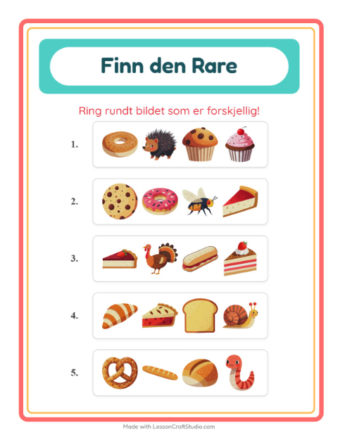 Forhåndsvisning av Hvilken Passer Ikke-arbeidsark med Bakeri for Barnehage (5-7 år)