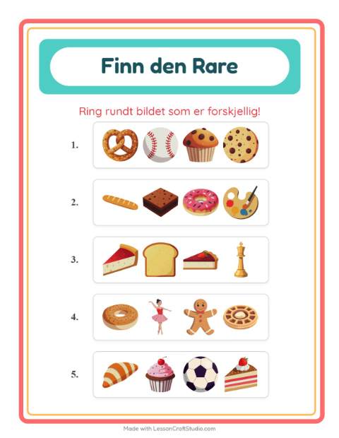 Forhåndsvisning av Hvilken Passer Ikke-arbeidsark med Bakeri for Barnehage (5-7 år)